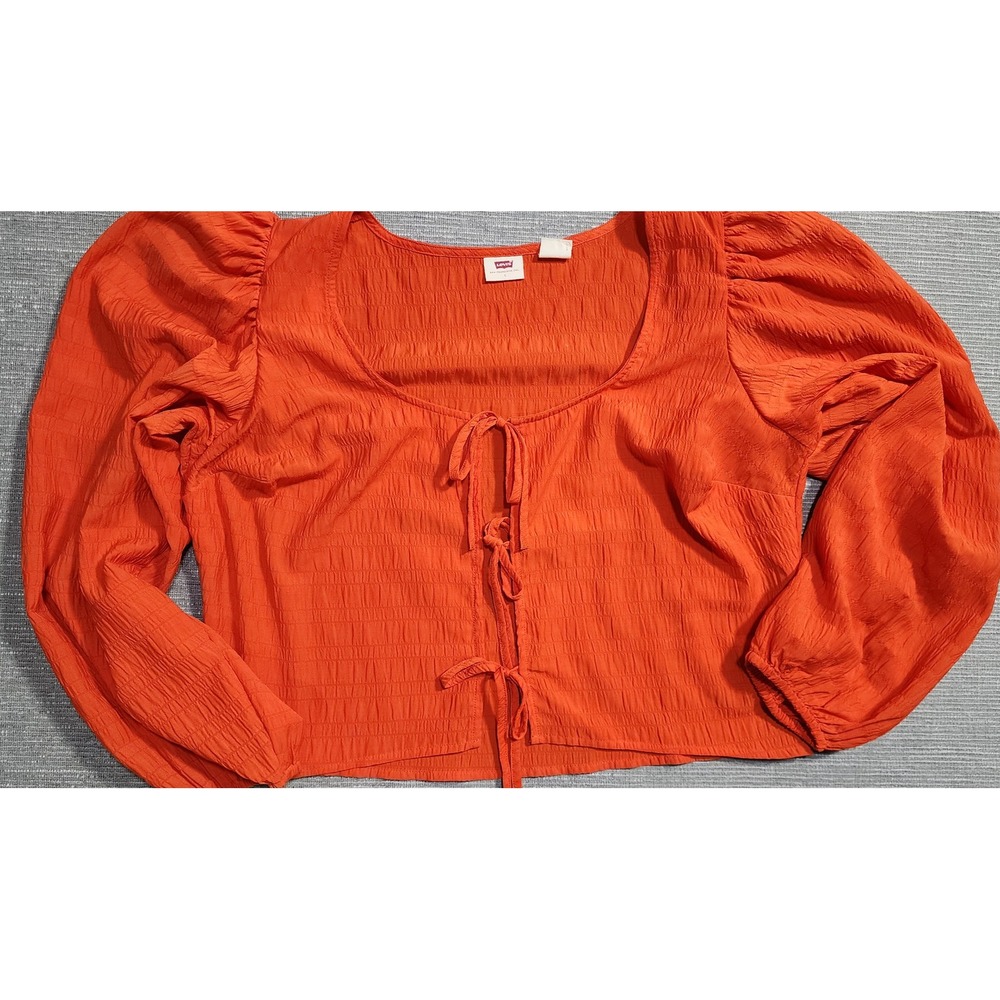 Levis Womens Orange Smocked‎ Tie Front Puff Sleeve Blouse Top Large